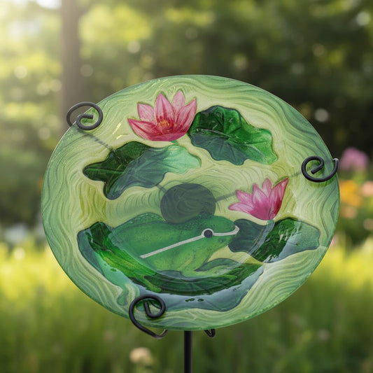 Comfy Hour Bird Meets Garden Bath Collection 28" Frog Lotus Glass Top Birdbath Birdfeeder Metal Art Garden Stake
