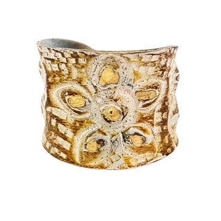 Anju Warm Brown and White Large Flower Patina Ring, Brass, Adjustable