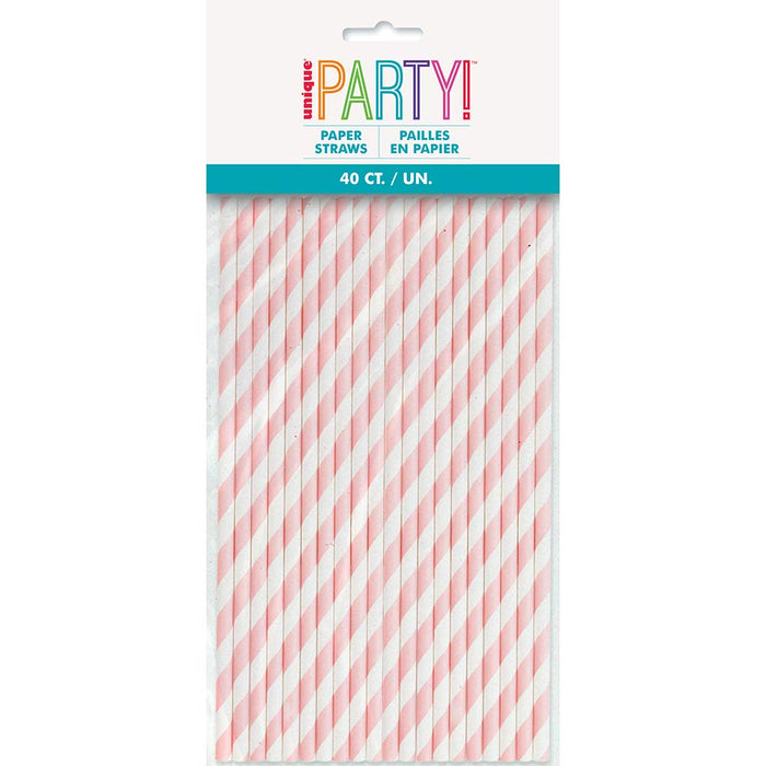 Unique Industries Baby Pink Striped Paper Smoothie Straws - 40 Pcs
