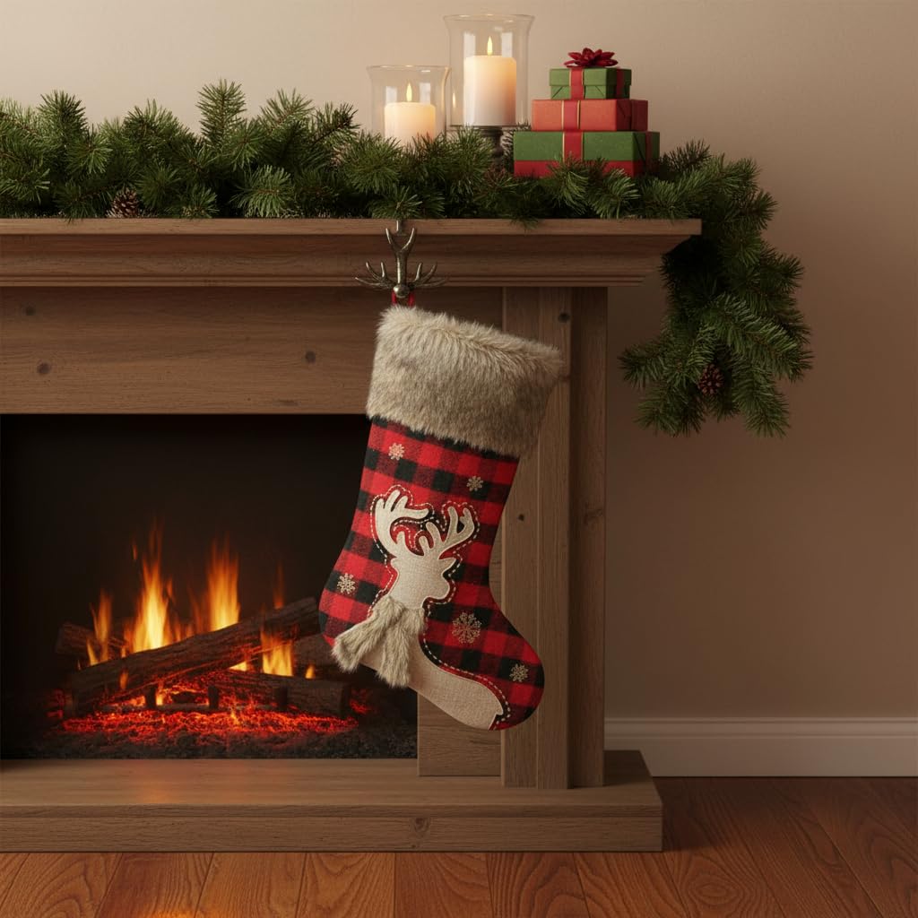 Comfy Hour 20 Inch Deer Christmas Stocking, Buffalo Plaid, 1 Piece