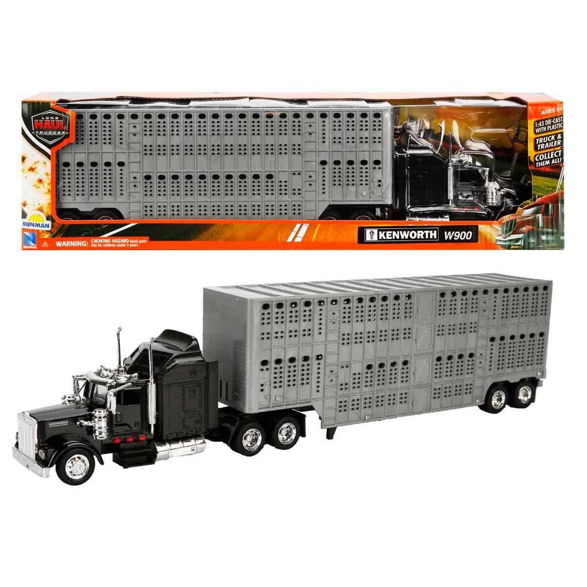 New Ray Toys 1/43 D/C Kenworth W900 Pot Belly Livestock Trailer