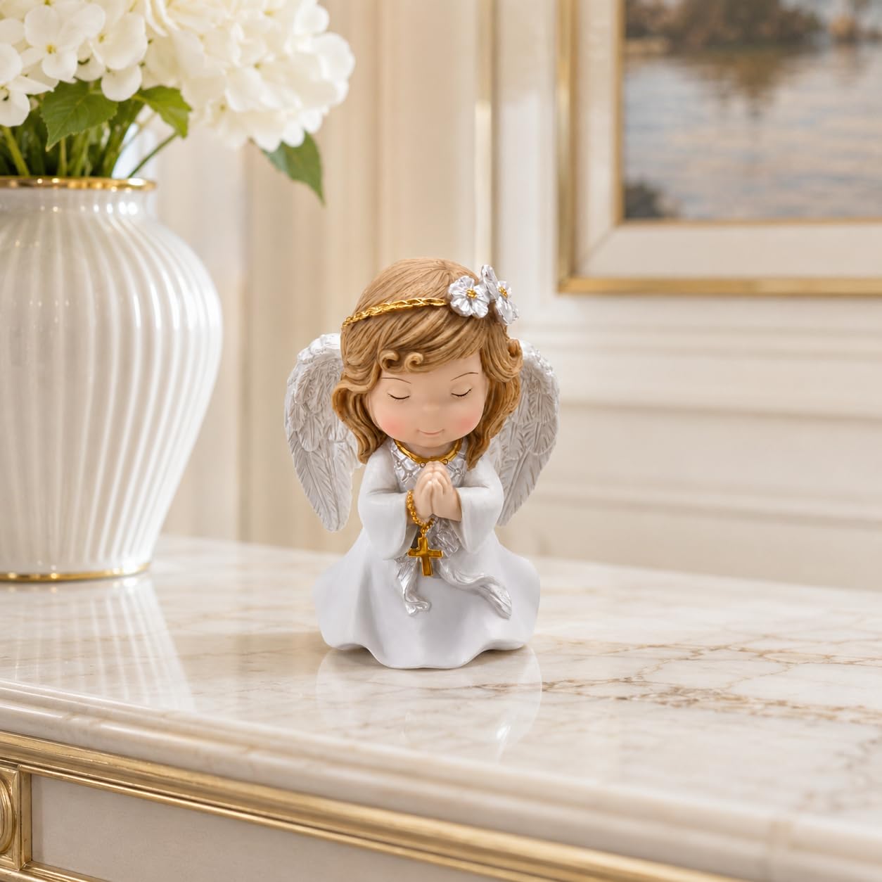 Comfy Hour 5 Inch Catholic Angel Statue, Praying Girl with Gold Cross