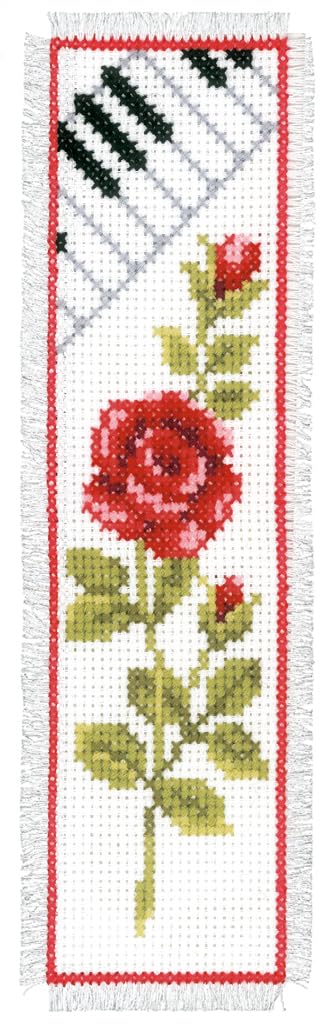 Vervaco Cross Stitch Embroidery Kit for Adults, Cross Stitch Set Pre-printed with Embroidery Design on 100% Cotton Fabric, Embroidery Templates 2,4 x 8 Inches - 6 x 20 cm, Bookmark Kit, Rose with Piano