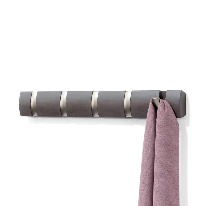 Umbra Flip Wall Mounted Floating Rack – Modern, Sleek, Space-Saving Coat Hanger with 5 Retractable, Driftwood/Nickel Hook