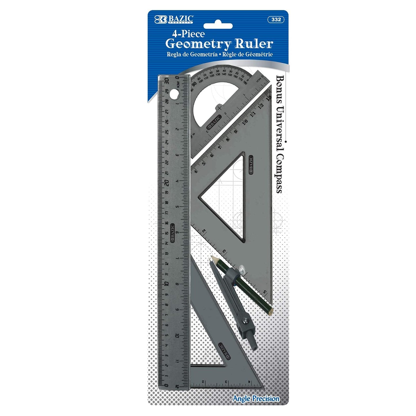 BAZIC Geometry Ruler Combination Sets w/ Compass (5-Piece)