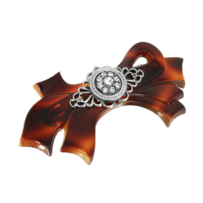 1928 Jewelry Women's Brown Tortoise With Filigree And Crystal Accent Bow Hair Barrette, (1 Pcs)