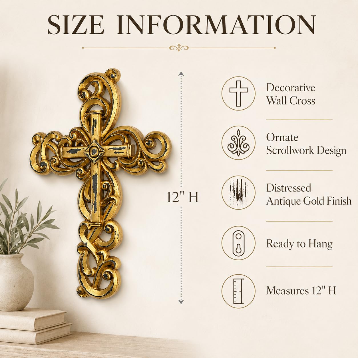Comfy Hour 12 Inch Gold Cross for Wall, Ornate Religious Decor, 1 Piece