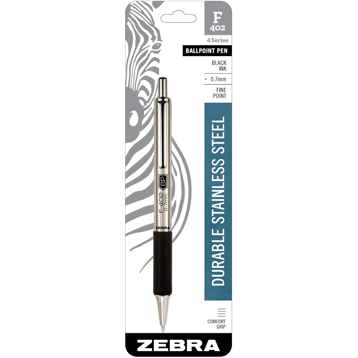 Zebra Pen F-402 Retractable Ballpoint Pen, Stainless Steel Barrel, Fine Point, 0.7mm, Black Ink, 1-Pack