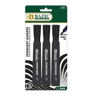BAZIC Black Chisel Tip Permanent Markers Pens Marcador, Coloring on Plastic Wood Glass, Art School Office (3/Pack), 1-Pack