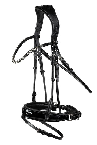 Horze Clermont Ergonomic Padded Genuine Leather Snaffle Bridle for Horses | Flash Noseband and Crystal Detail Browband - Black - Horse