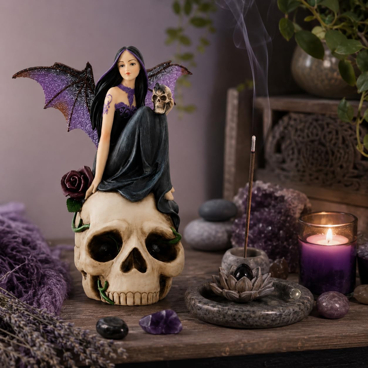 Comfy Hour 7 Inch Fairy Figurine, Dark Fairy Statue with Skull