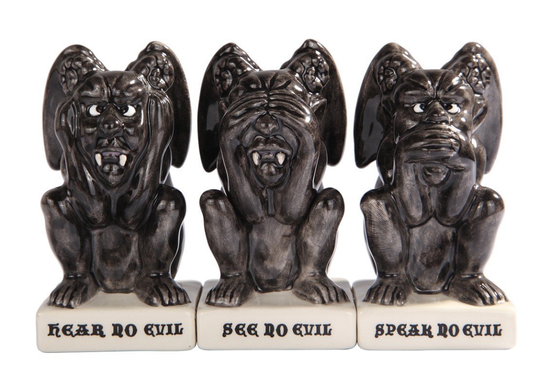 Pacific Trading Attractives! Trio Gothic Gargoyles See Hear Speak no Evil Ceramic Salt Pepper Shakers and Toothpick Holder