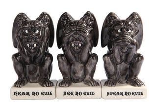 Pacific Trading Attractives! Trio Gothic Gargoyles See Hear Speak no Evil Ceramic Salt Pepper Shakers and Toothpick Holder