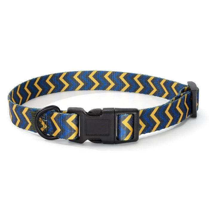 Mile High Life Dog Collar | Cute Puppy Collars | Lightweight Girl Dog Collar | Soft Boy Dog Collars | w Geometric Ocean Wavy Pattern (Blue/Yellow, Small)