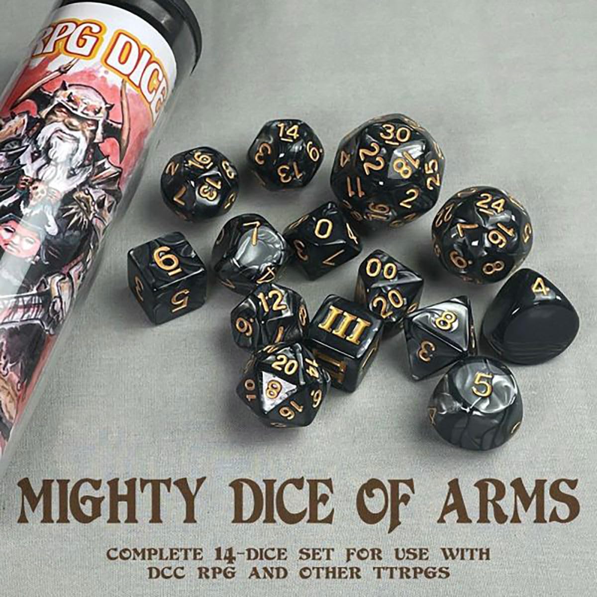 DCC Dice: Mighty Dice of Arms - 14 Piece Dice Set, Roleplaying Game, Dungeon Crawl Classics, Goodman Games, Multi-Colored Dice, Tabletop Gaming Accessory