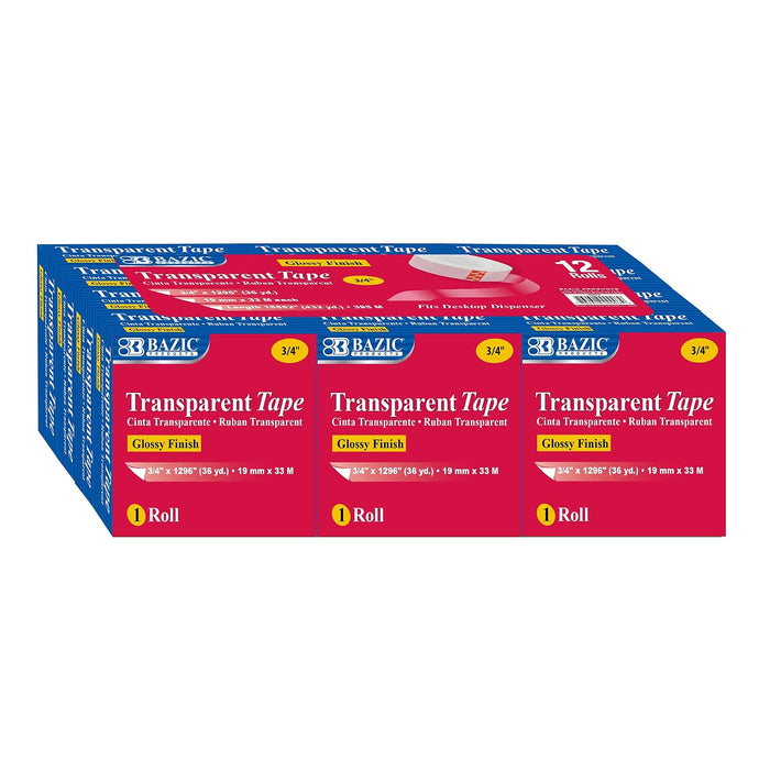 BAZIC 3/4" X 1296" Transparent Tape Refill, Clear Glossy Finish Adhesive Tapes, for Office Home Supply Craft Decor Photo Gift WrappingTapes (12/Pack), 1-Pack