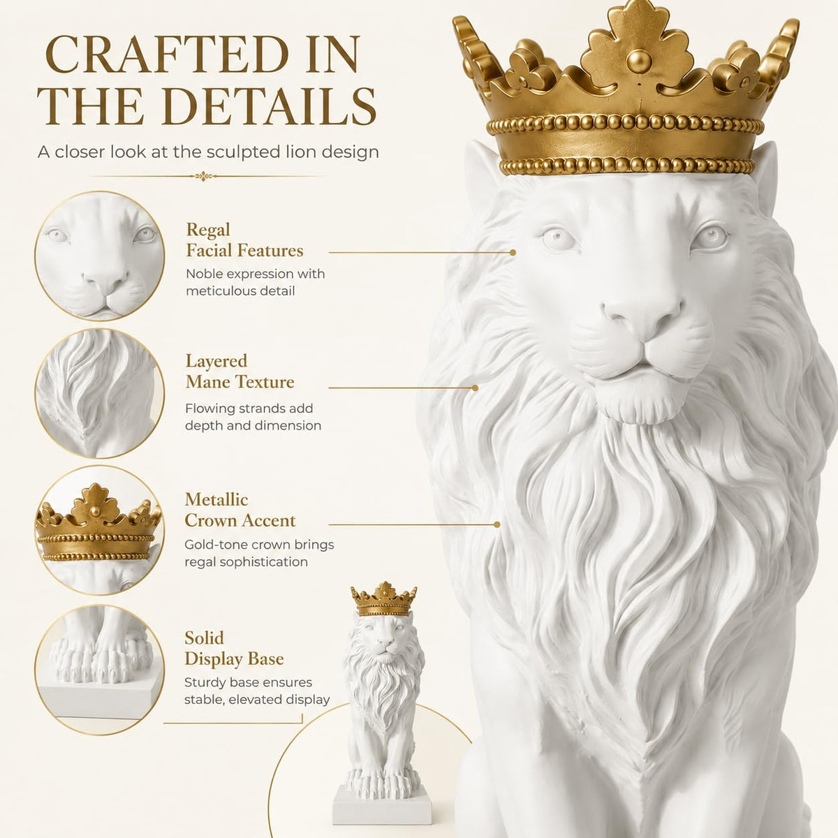 Comfy Hour Farmhouse Home Decor Collection 15" Resin Stone Lion Figurine King of Forest Statue Sculpture Home Decoration, White & Gold