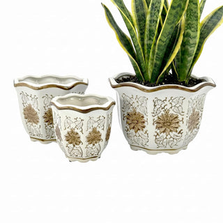 Galt International Planter, Set of 3, Brown & White - Round Fluted