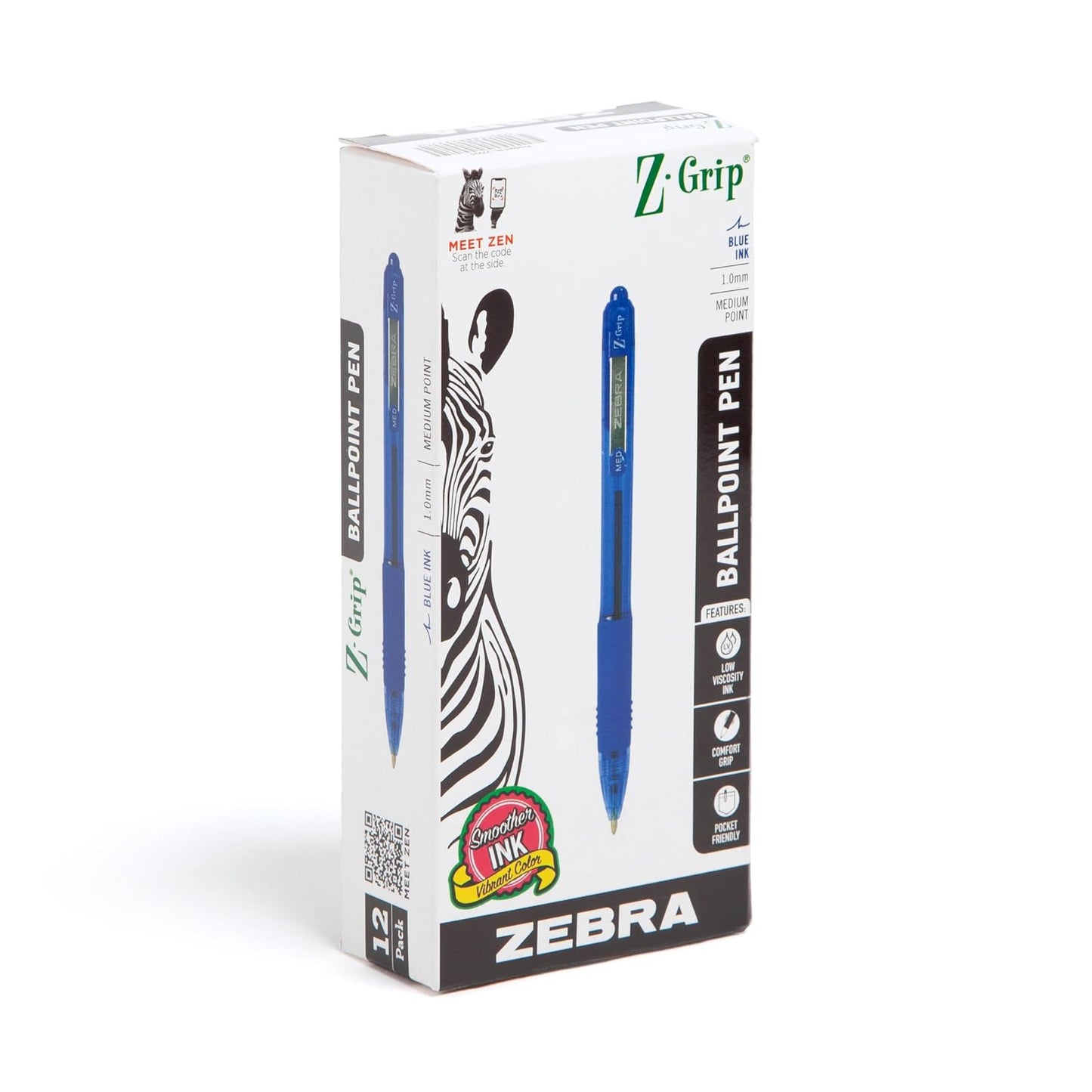 Zebra Pen Z-Grip Retractable Ballpoint Pen, Medium Point, 1.0mm, Blue Ink, 12-Count (22220)