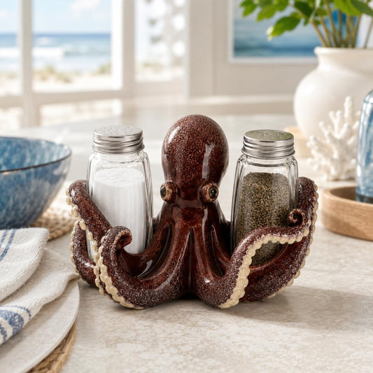 Comfy Hour 6 Inch Octopus Salt and Pepper Shakers, Red Holder
