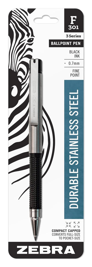 Zebra Pen F-301 Compact Ballpoint Stainless Steel Retractable Pen, Fine Point, 0.7mm, Black Ink, 1-Count