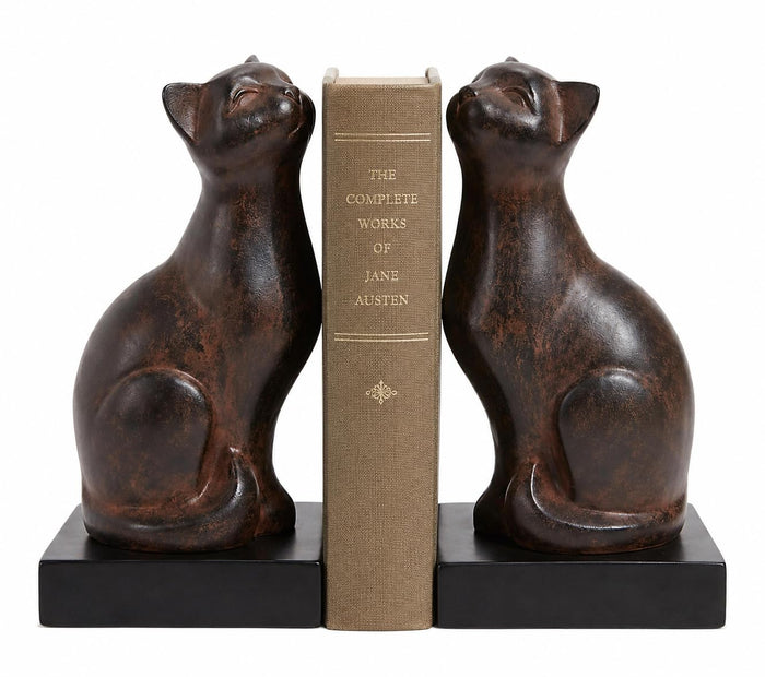 Comfy Hour Farmhouse Home Decor Collection 4" length 7" height Polyresin Set Of 2 Cats Bookends Art Bookend, 1 Pair, Brown Antique Effect