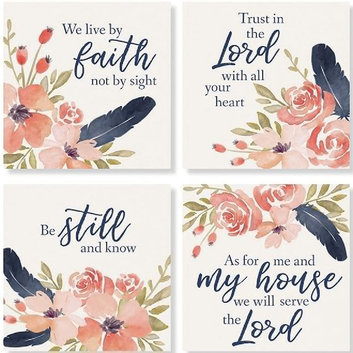 Carson SS74378 Religious Pink Flower Square House Coaster Set of 4, 4-inch Diameter, Multicolor
