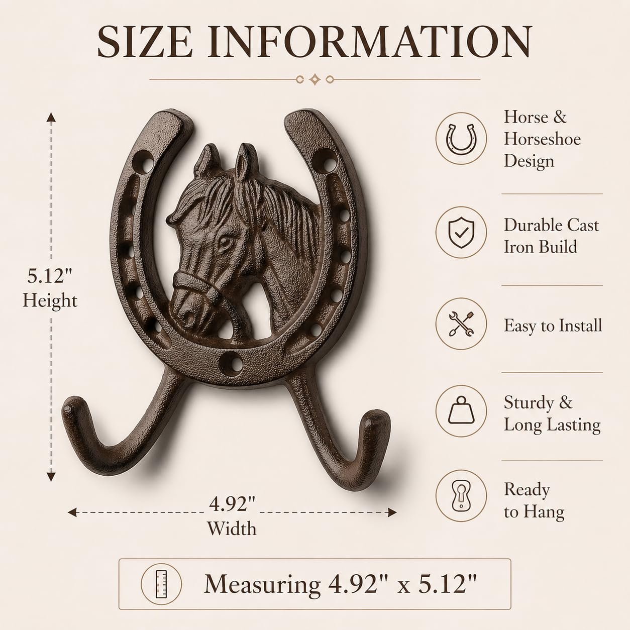 Comfy Hour 5 Inch Horse Hooks for Wall, Double Horseshoe Key Holder