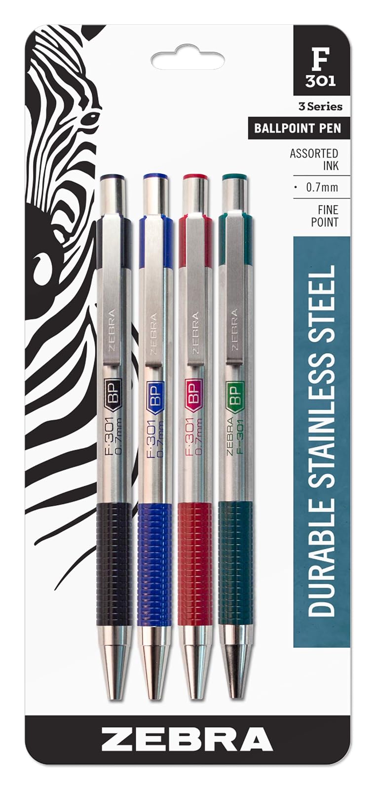 Zebra Pen F-301 Retractable Ballpoint Pen, Stainless Steel Barrel, Fine Point, 0.7mm, Assorted Ink, 4-Pack