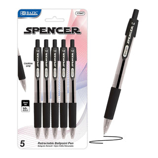 BAZIC Spencer Black Retractable Pen w/ Cushion Grip (4/Pack)