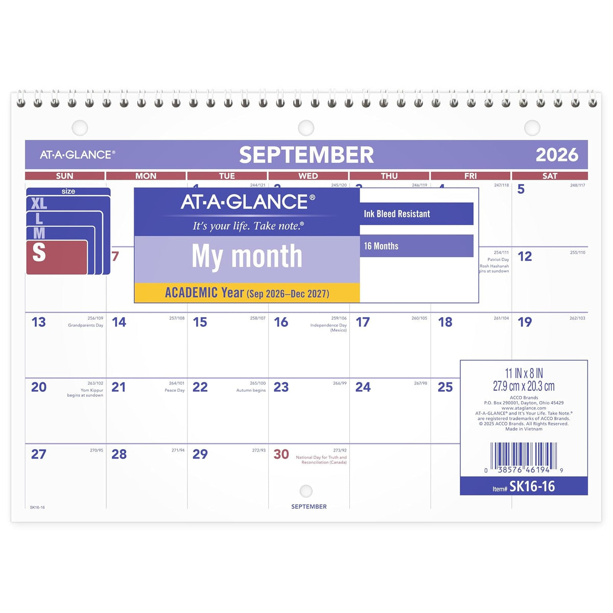 AT-A-GLANCE Calendar, 11"W x 8"H, White