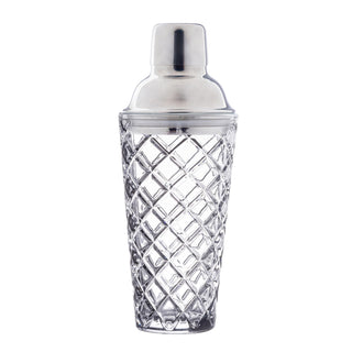 TableCraft 12947 Waverly Collection Diamond Cocktail Shaker, 12 oz, Clear Soda Lime Glass with Stainless Steel Top, 3-Piece Barware Set, Dishwasher Safe, 3.25” x 3.25” x 8.5” – Mix & Serve Cocktails