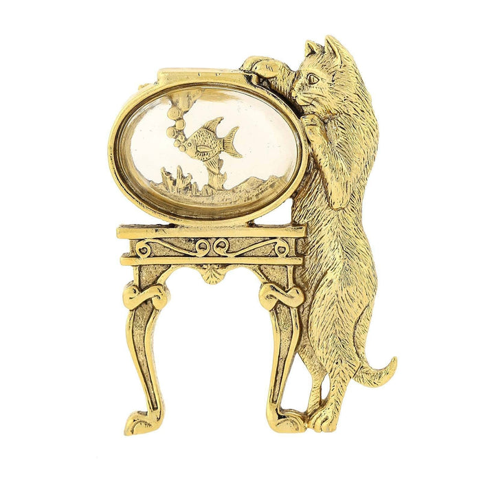 1928 Jewelry Women's 14k Gold-Dipped Crystal Cat and Fish Bowl Pin, Gold, One Size, gold