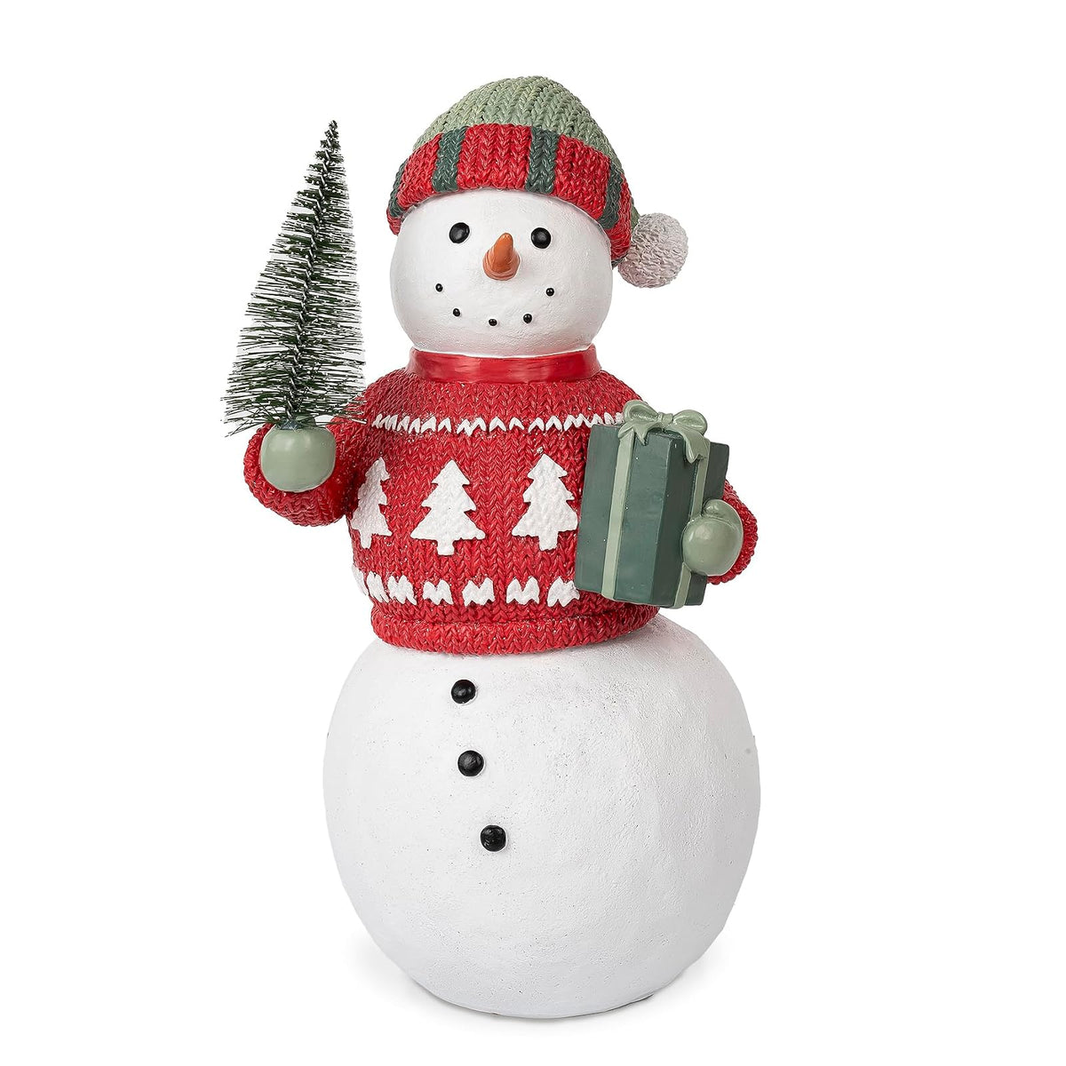 Blossom Bucket Figurine, Snowman With Red Sweater and Present
