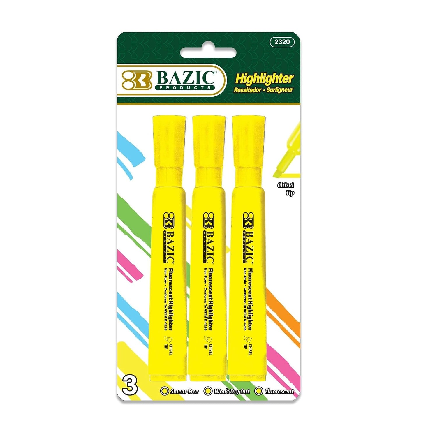 BAZIC Highlighter Yellow Color Desk Style, Chisel Tip Broad Fine Line Highlighters, Unscented Highlighting Coloring Marker (3/Pack), 1-Pack