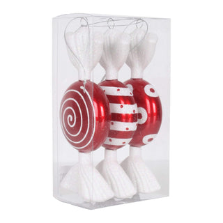 Vickerman 7" Candy Ornaments, 3-Pack | Red/White Iridescent Glitter