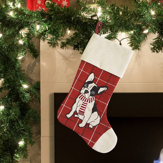 Comfy Hour 20 Inch French Bulldog Stocking, Red Plaid Christmas Decor