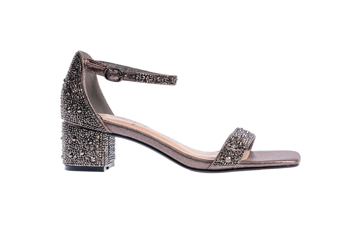 Ninety Union Lady Couture Dazzle 2 Inch Mid Block Heel Rhinestone Sandal, Pewter, 10