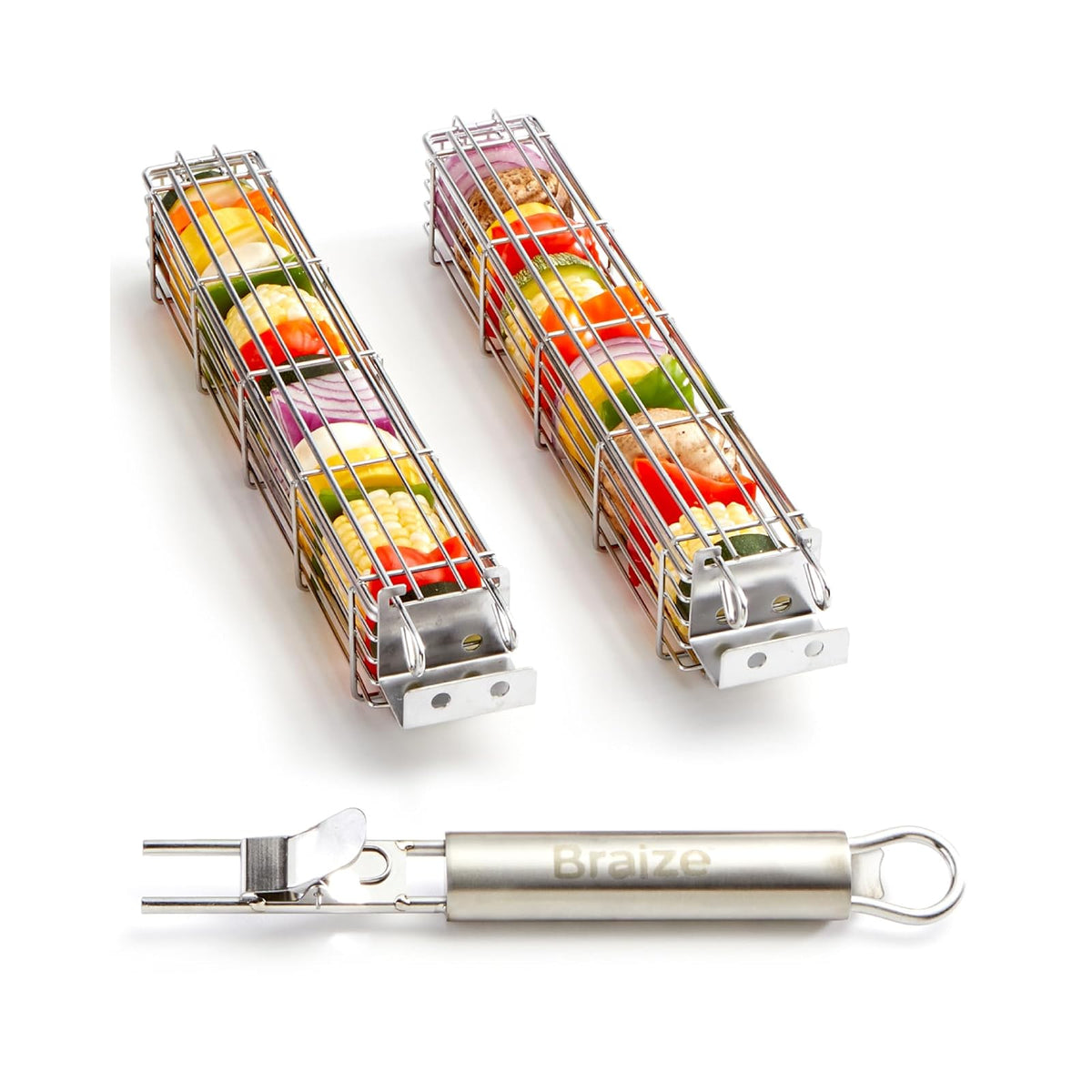 Braize Cooking Container, 2-Piece Kabob Basket Set, Chrome