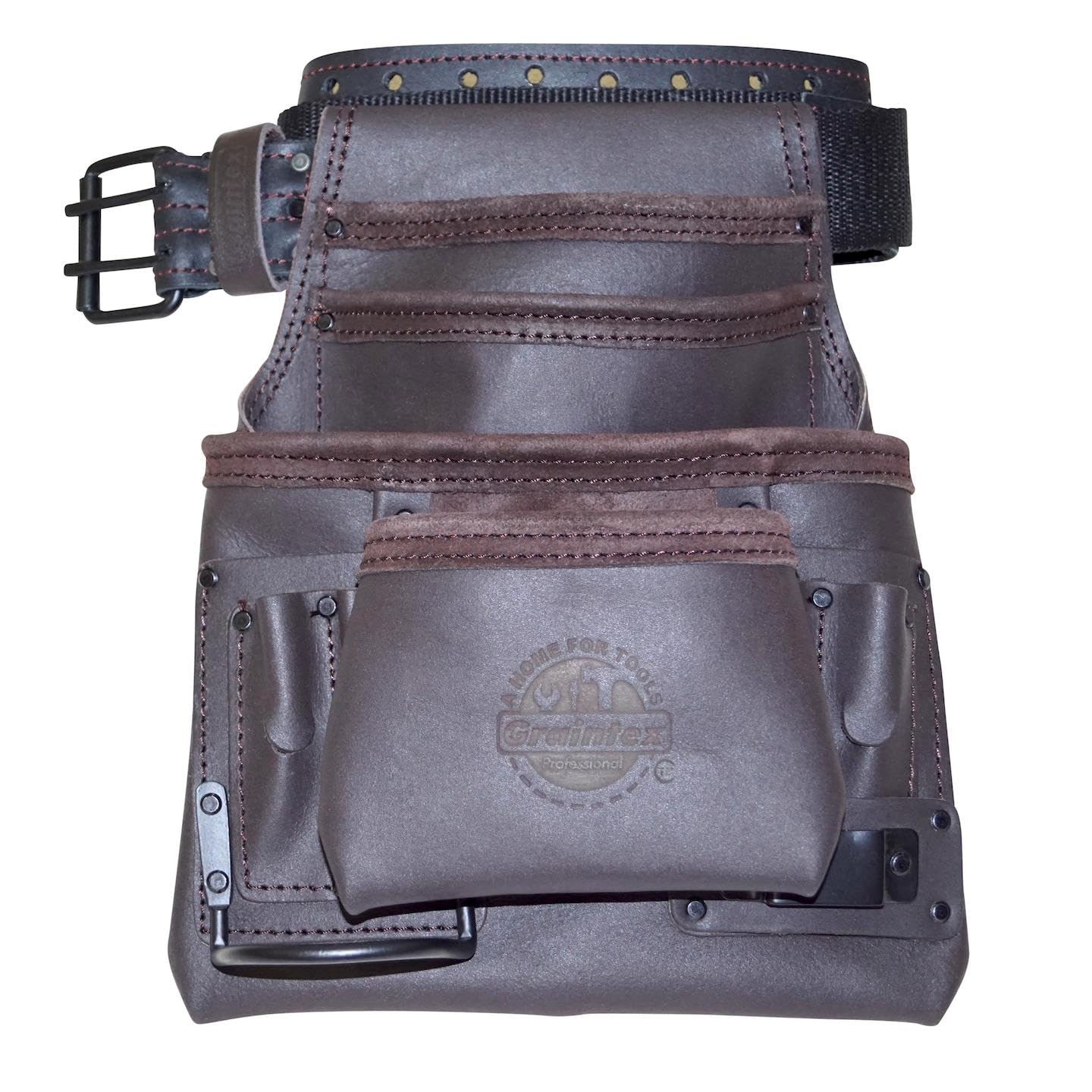 Graintex OS2221 10 Pocket Oil Tanned Leather Nail & Tool Pouch Dark Brown Color with 2” Belt for Constructor/Electrician/Plumber