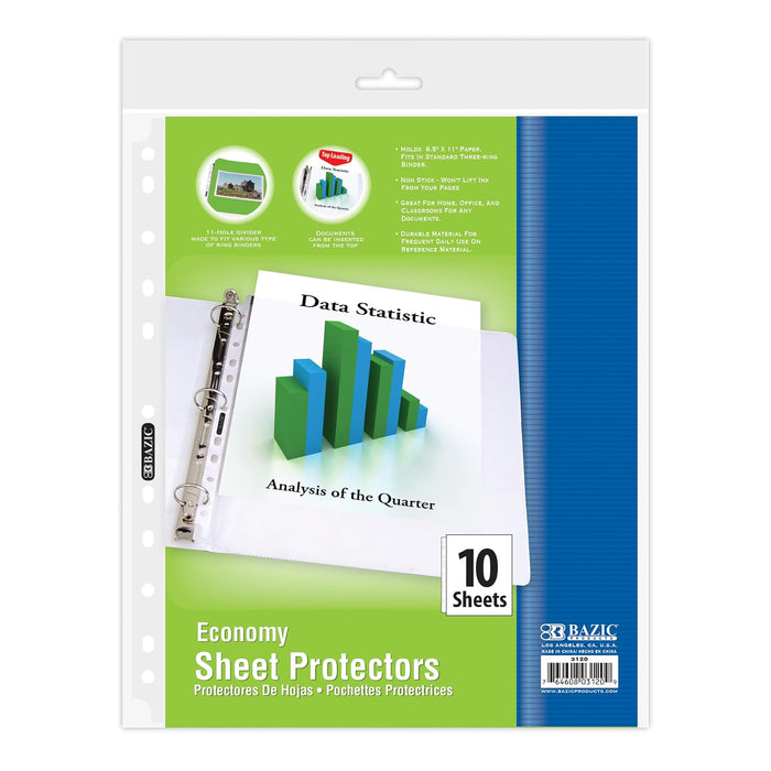 BAZIC Sheet Protectors Economy, Fit 8.5x11 Inch Paper, 11 Hole Clear Plastic Sleeves Ring Binder Sheets, Archival Safe (10/Pack), 1-Pack