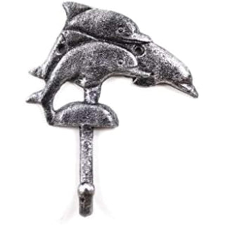 Hampton Iron Rustic Silver Cast Iron Dolphins Wall Hook 6" - Door Decor - Beach Theme