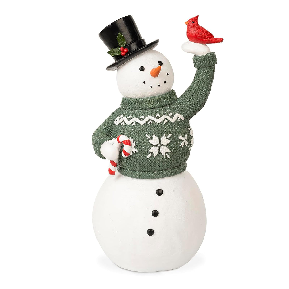 Blossom Bucket Figurine, 12 inches, Snowman With Green Sweater, Candy Cane and C