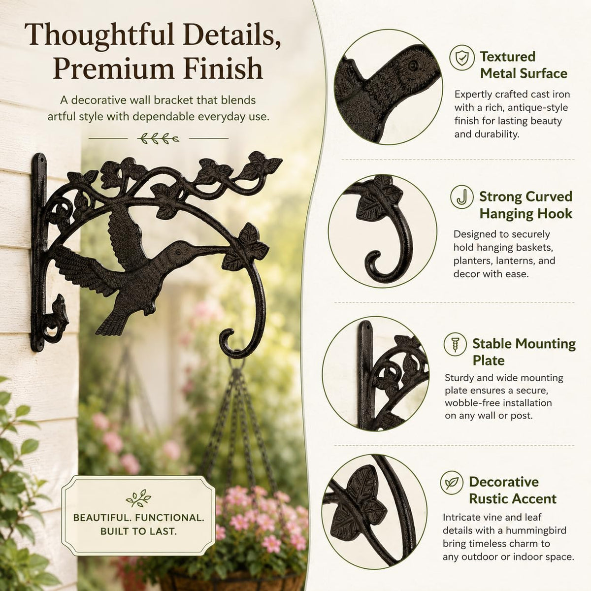 Comfy Hour Antique & Vintage Interior Decor Collection, Animal Edition Cast Iron Wall Mount Hummingbird Bracket Plant Hanger
