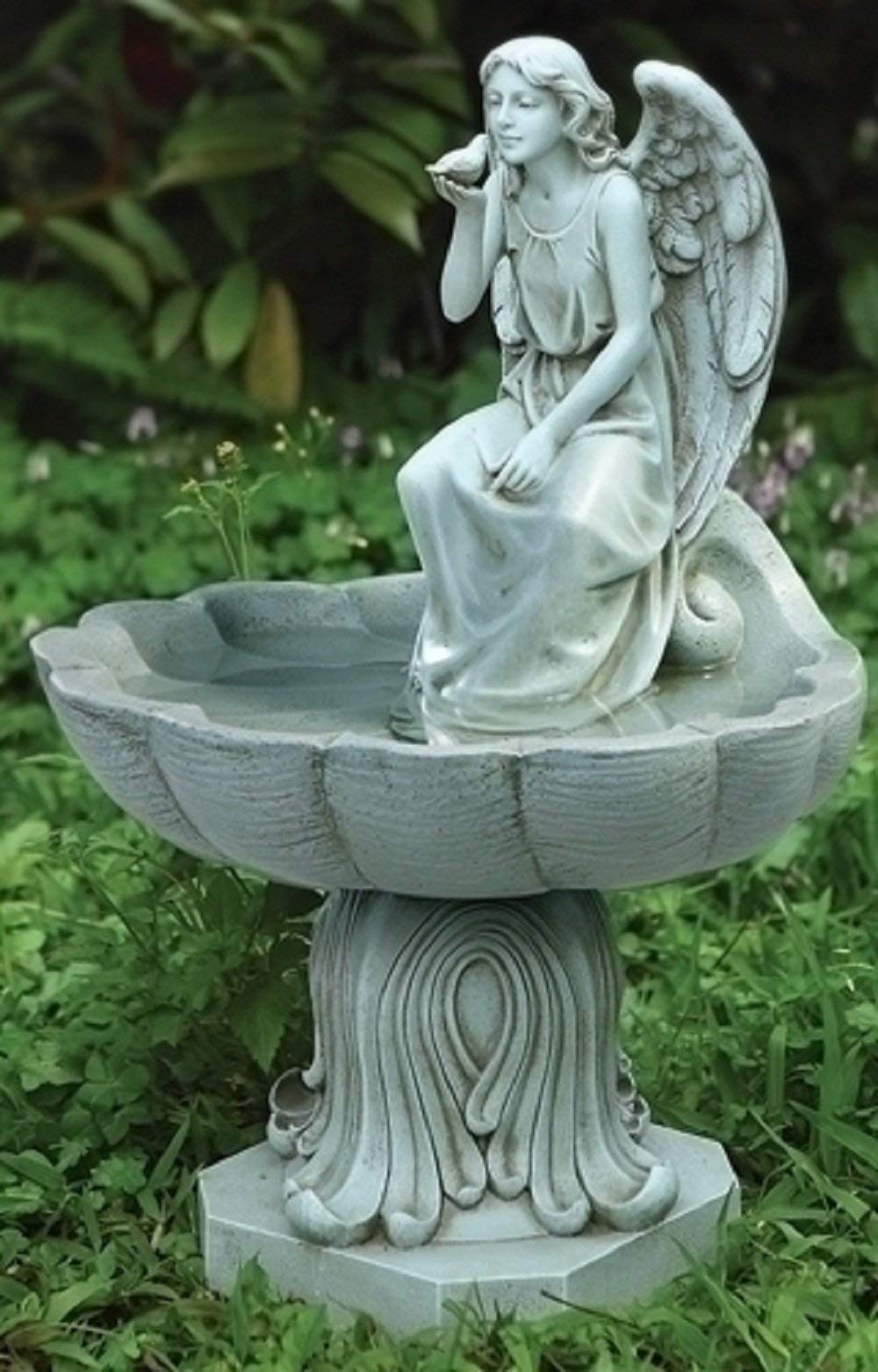 Roman Garden Collection Angel Holding Bird Concrete Look 13 x 19.25 Resin Stone Outdoor Garden Birdbath