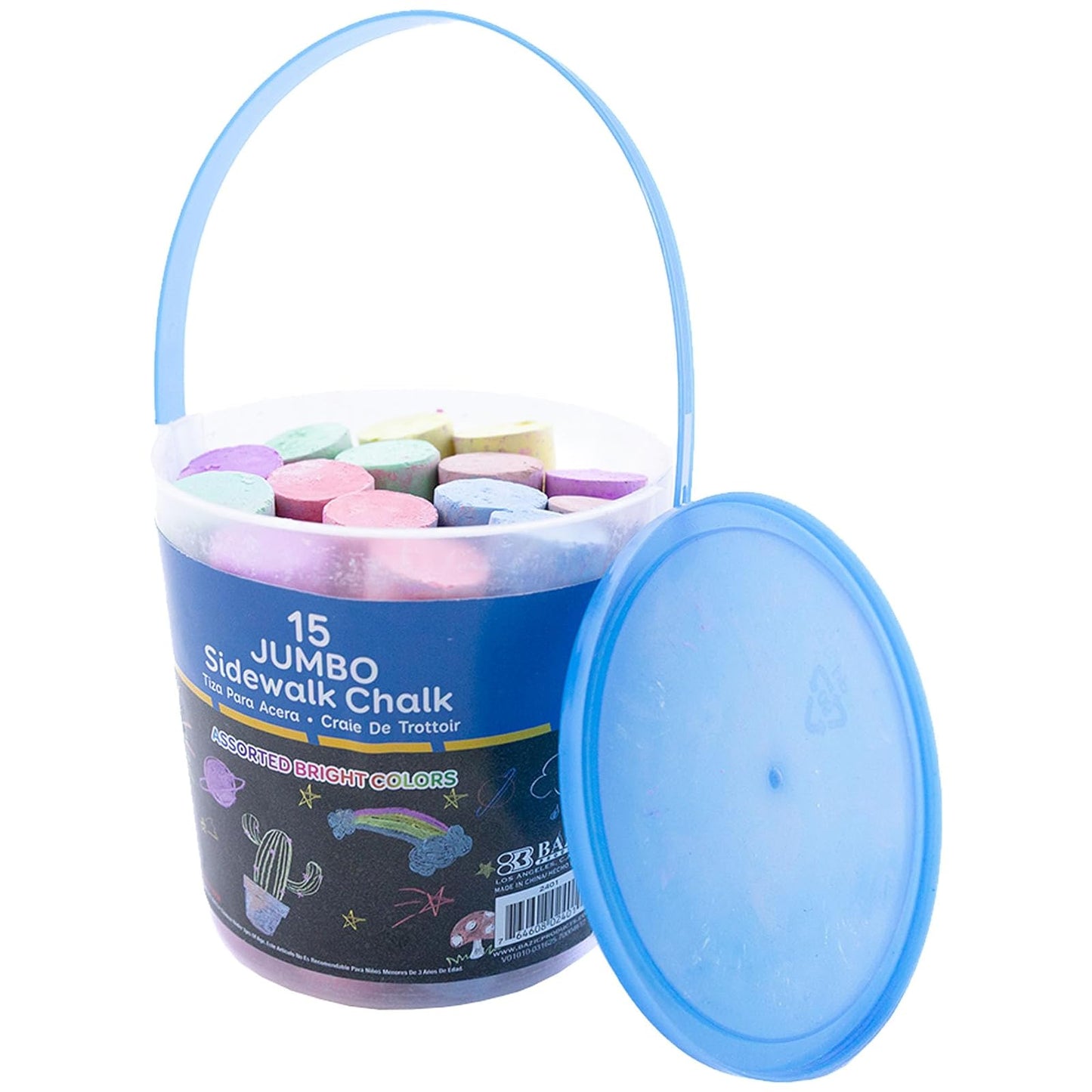 BAZIC Jumbo Color Sidewalk Chalk (15/Bucket), Assorted Colors Chalks, Outdoor Fun Activity Playground Art Painting Coloring for Kid Gift Chalkboard Blackboard, Easy Carry Storage Bucket, 1-Bucket