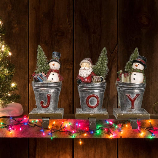 Comfy Hour Joyful Holiday Collection 6" Resin Joy Santa Snowman Christmas Tree Stocking Hanger, Set of 3, Multi-Color