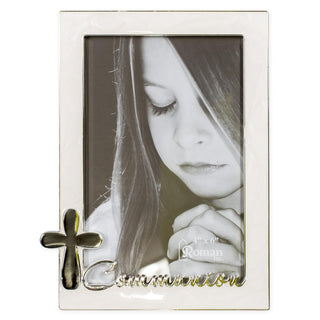 Roman First Communion Silver Finish Cross 4 x 6 Photo Pearl Trim Picture Frame