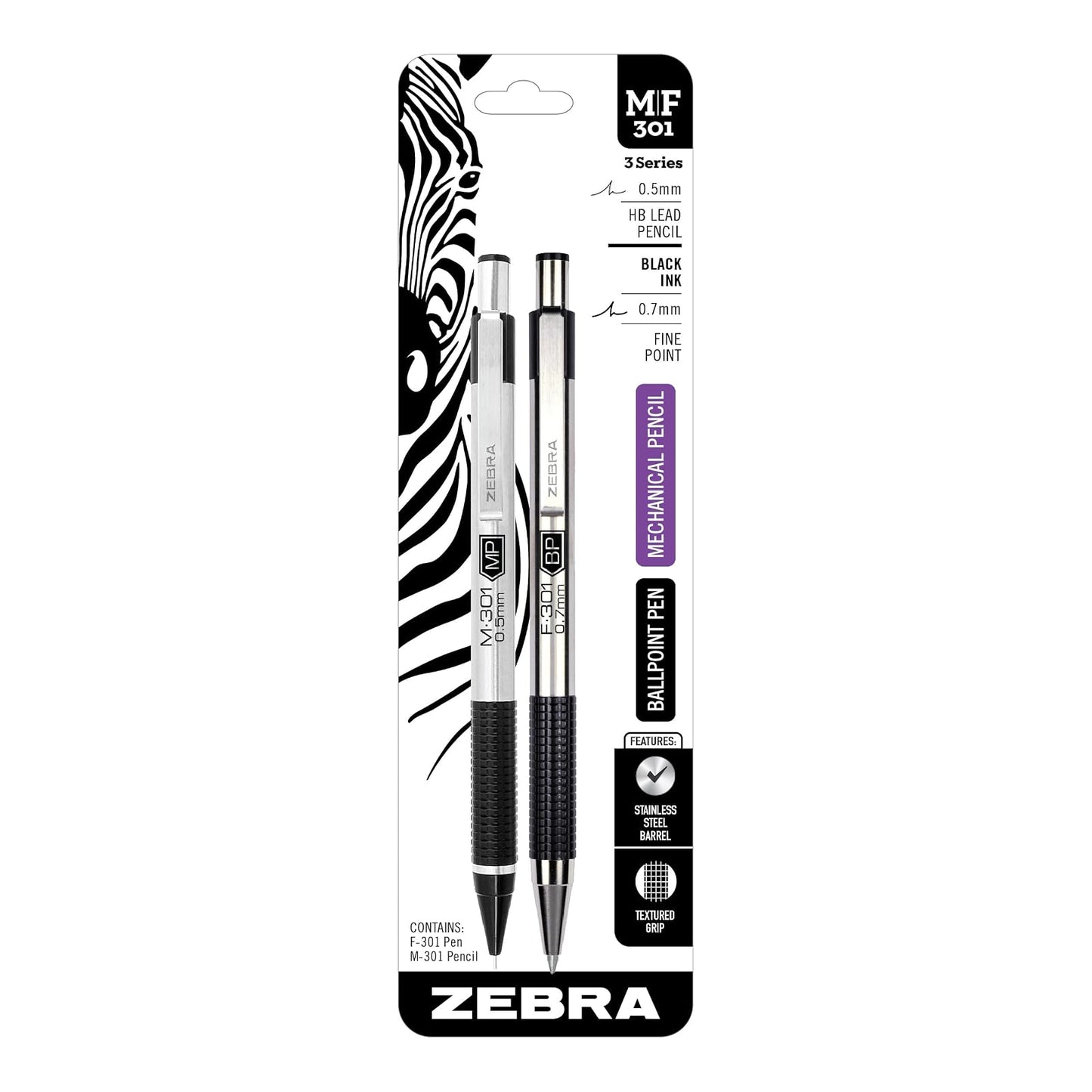 Zebra Pen Stainless Steel Writing Set, M-301 Mechanical Pencil and F-301 Mechanical Pencil, Black Grip, 2-Pack