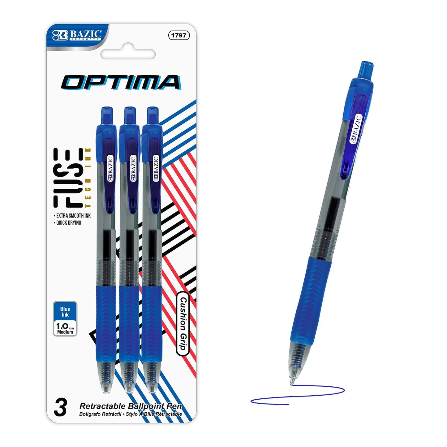Bazic Optima Blue Retractable Gel Ink Pen with Grip (3 Pack), Box Pack of 24